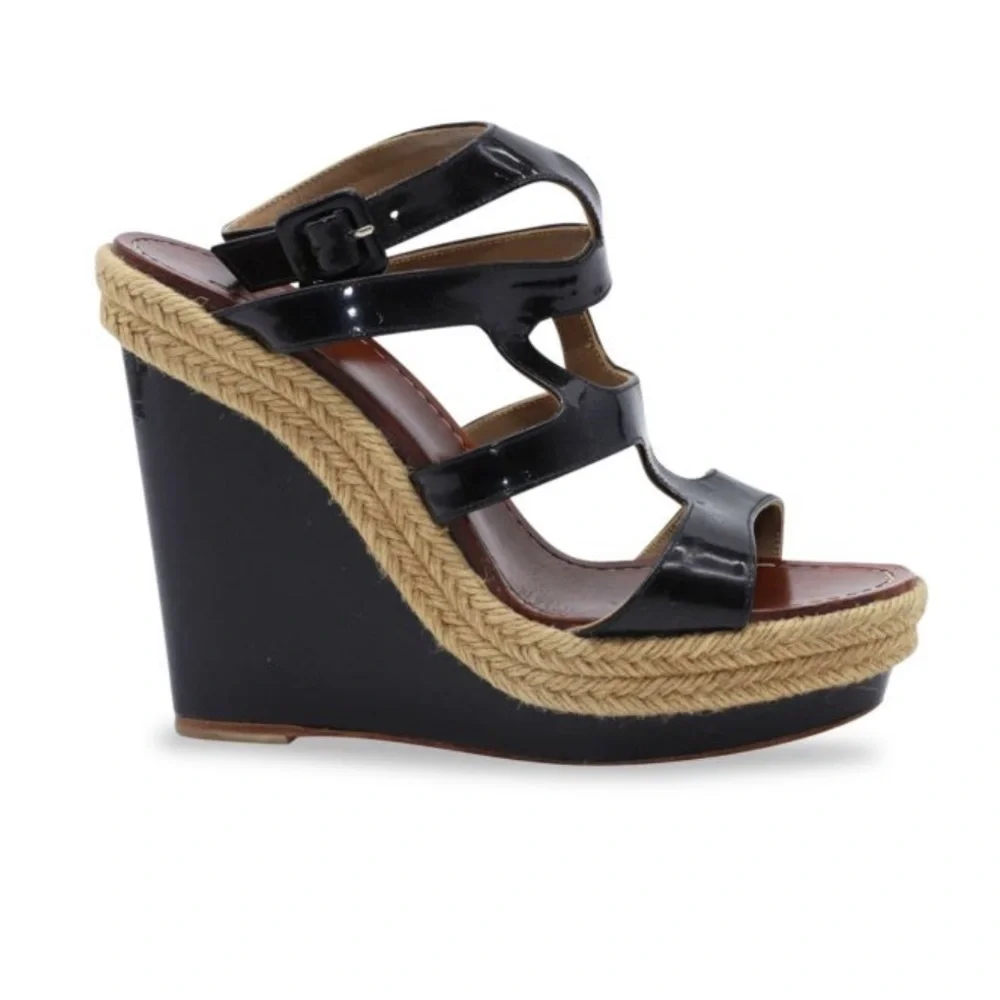 Christian Louboutin Bilbao Black Patent Leather Strap Wedge Sole‎ Sandals 41
